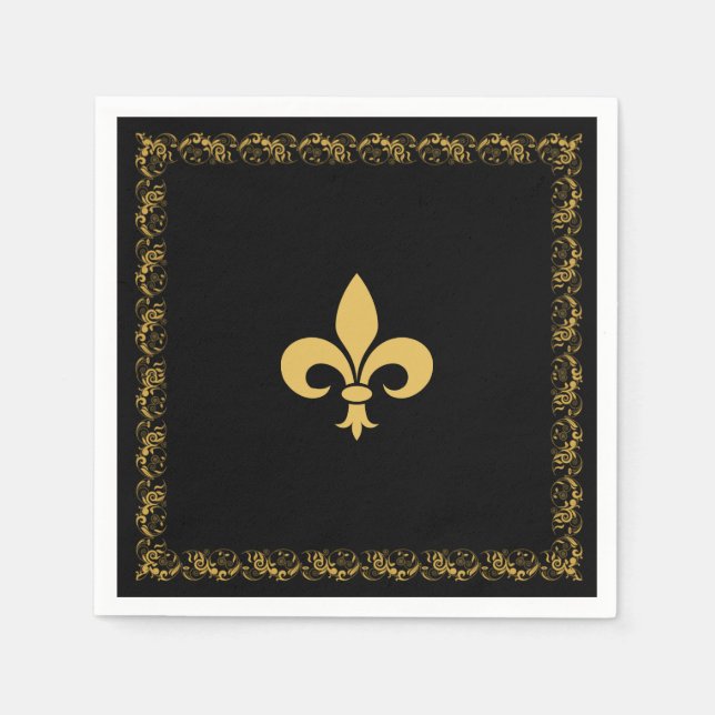 Elegant Golden Fleur-de-Lis  on Black  Napkin (Front)