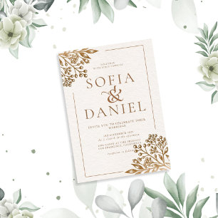 Elegant Golden Floral Beige Wedding Invitation