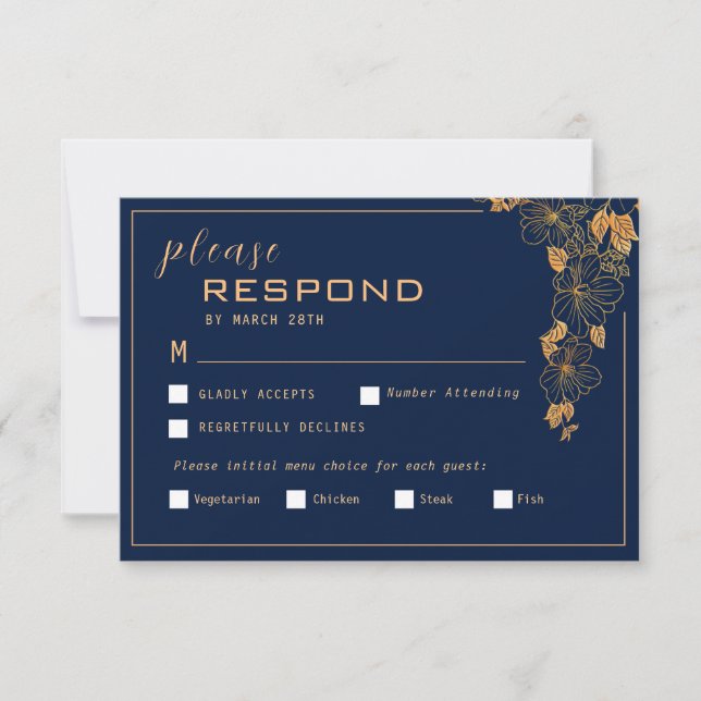 Elegant Golden Floral Foliage Navy blue RSVP Card (Front)