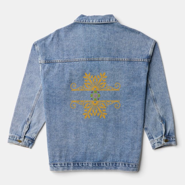 Elegant Golden Floral Ornament Baroque Style Denim Jacket (Back)