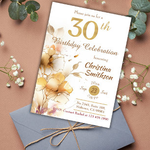 Elegant Golden Floral Sparkle modern 30th Birthday Invitation