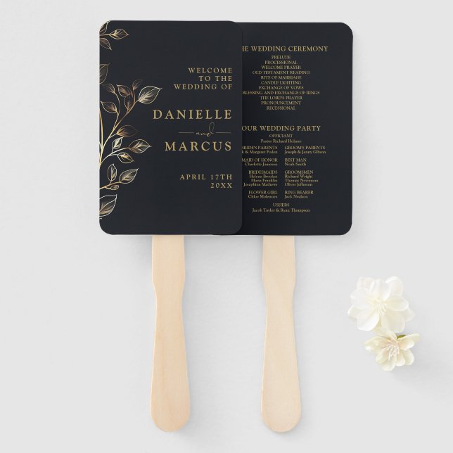 Elegant Golden Floral Wedding Program Hand Fan (Front and Back)
