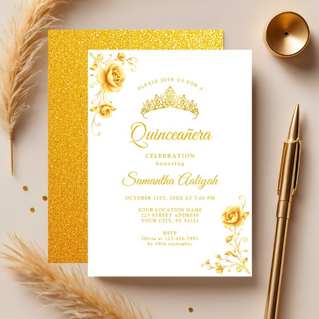 Elegant Golden Floral White and Gold Quinceanera Invitation (Creator Uploaded)