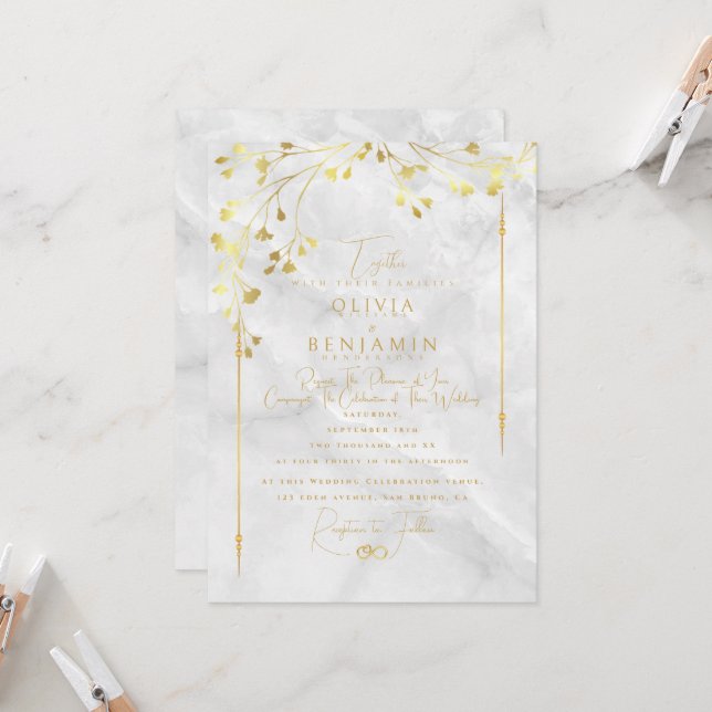 Elegant Golden Florales Frame Wedding Invitation (Front/Back In Situ)