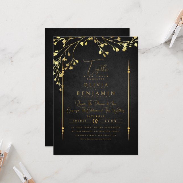 Elegant Golden Florales Frame Wedding Invitation (Front/Back In Situ)