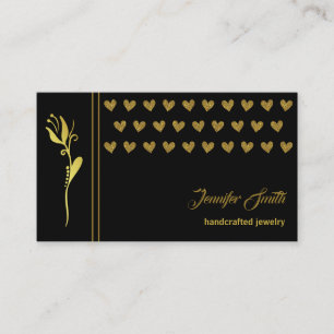 Elegant Golden Flower and Hearts Custom Logo Black Business Card