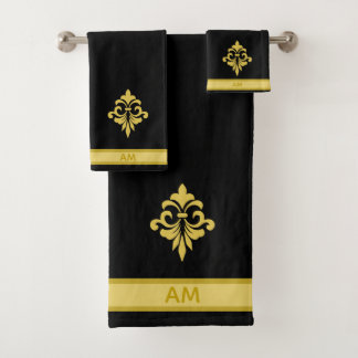 Elegant Golden Flower, Monogram & Stripe on Black Bath Towel Set