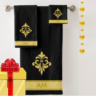 Elegant Golden Flower, Monogram & Stripe on Black Bath Towel Set