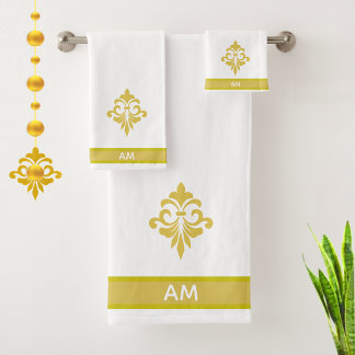 Elegant Golden Flower, Monogram & Stripe on White Bath Towel Set