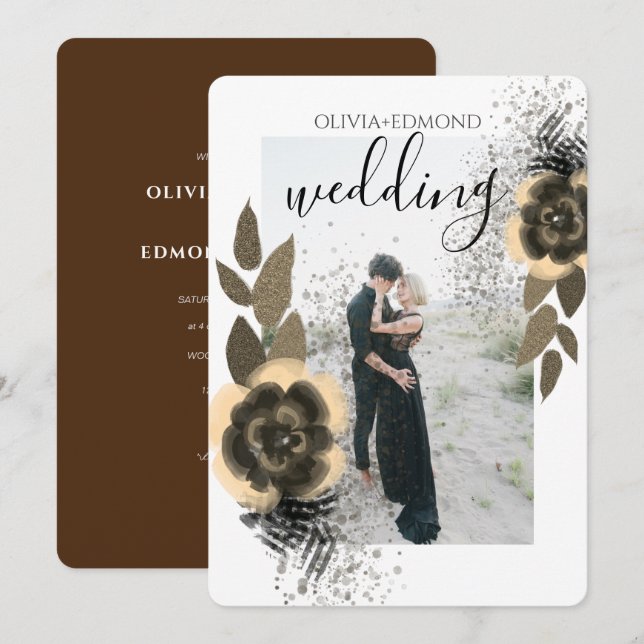 Elegant Golden Flowers Frame Photo Wedding Invitation (Front/Back)