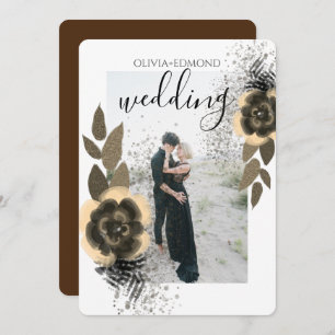 Elegant Golden Flowers Frame Photo Wedding Invitation