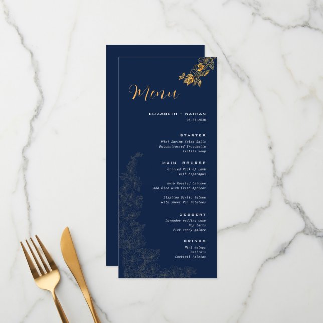Elegant Golden Foliage Navy Blue Wedding Menu (Front/Back In Situ)