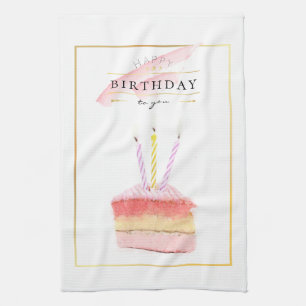 Elegant Golden Frame Birthday Cake Slice Tea Towel