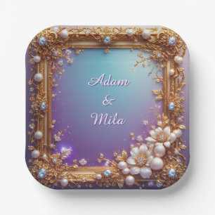 Elegant Golden Frame with Pearls Paper Plate