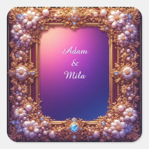 Elegant Golden Frame with Pearls Square Sticker
