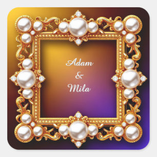Elegant Golden Frame with Pearls Square Sticker