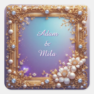 Elegant Golden Frame with Pearls Square Sticker