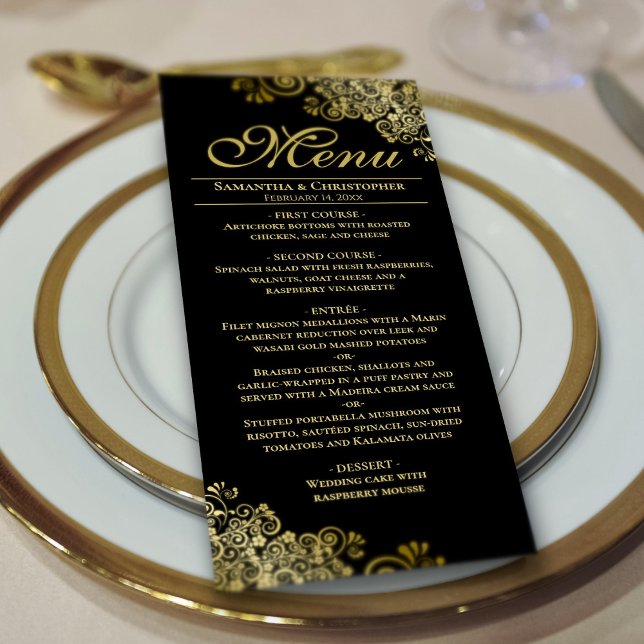 Elegant Golden Frills on Black Wedding Menu (Creator Uploaded)