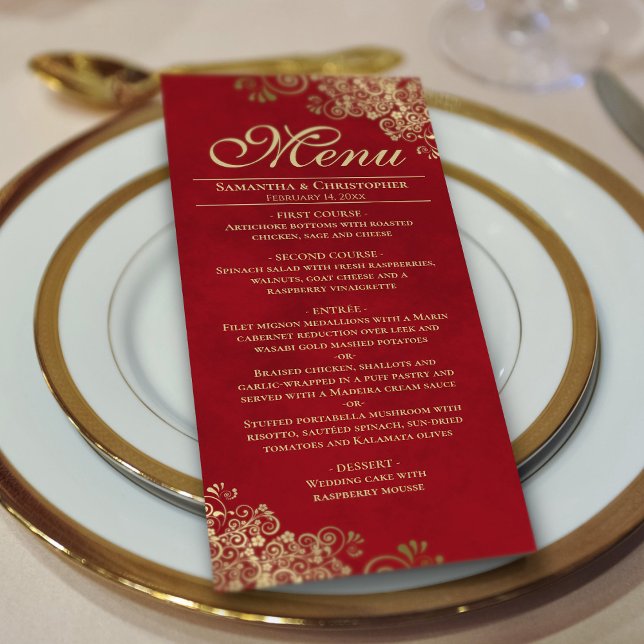 Elegant Golden Frills on Crimson Red Wedding Menu (On Plate)