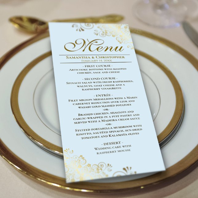 Elegant Golden Frills on Light Powder Blue Wedding Menu (On Plate)
