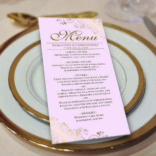 Elegant Golden Frills on Lilac Purple Wedding Menu