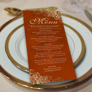 Elegant Golden Frills on Rust Orange Wedding Menu