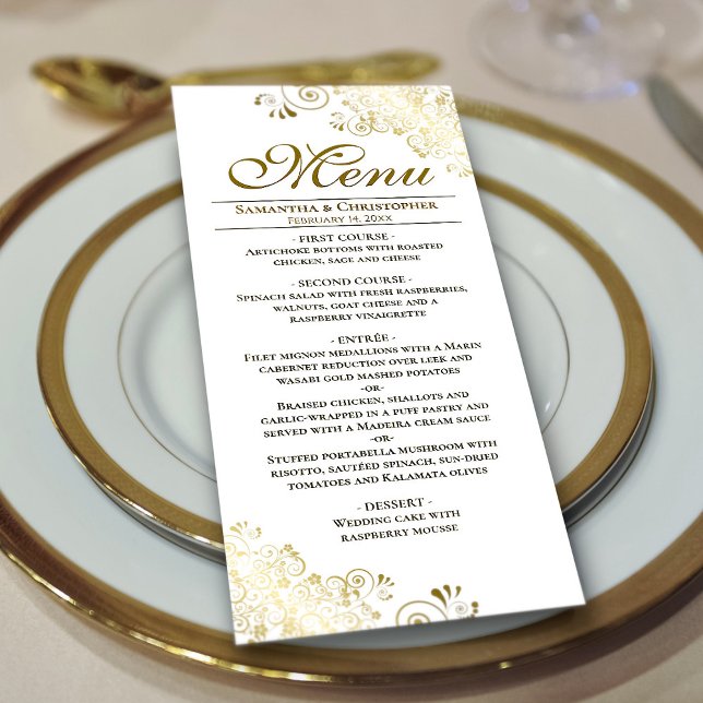 Elegant Golden Frills on White Wedding Menu (Creator Uploaded)