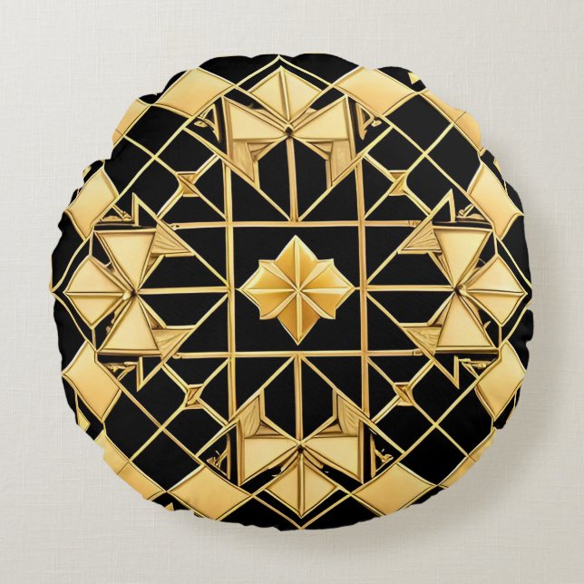 Elegant Golden Geometric Pattern Design Round Cushion (Front)