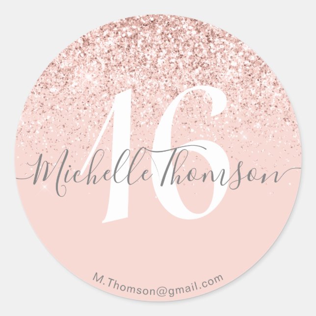 Elegant Golden Glitter Monogram Sweet Pink 16 Classic Round Sticker (Front)