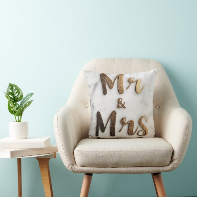 Elegant Golden Glitter "Mr & Mrs" on a Marble Back Cushion (Chair)