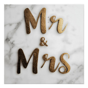 Elegant Golden Glitter "Mr & Mrs" on a Marble Back Poster
