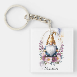 Elegant Golden Gnome in Floral Bouquet Key Ring