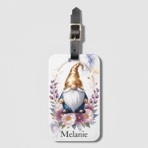 Elegant Golden Gnome in Floral Bouquet Luggage Tag