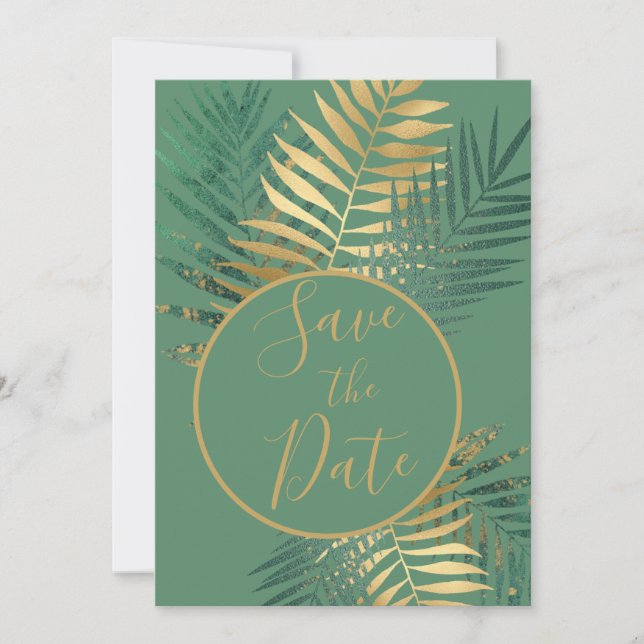 Elegant Golden & Green Tropical Plants  Save The Date (Front)