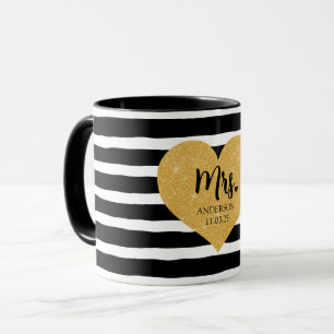 Elegant Golden Heart Black Stripes Just Married Mug