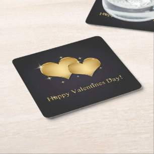Elegant Golden Hearts Name - Valentine's Day Square Paper Coaster