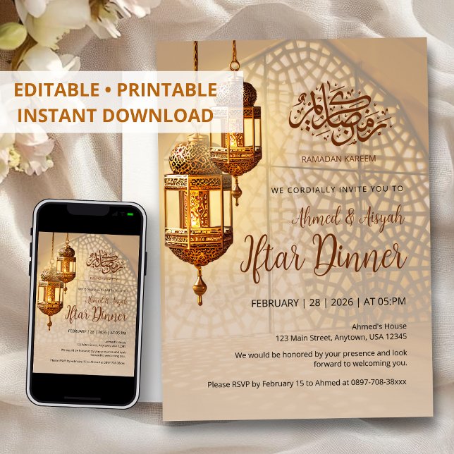 Elegant Golden Lantern Iftar Dinner Invitation (Creator Uploaded)