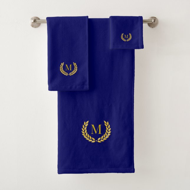Elegant Golden Laurel & Monogram on Navy Blue Bath Towel Set (Insitu)