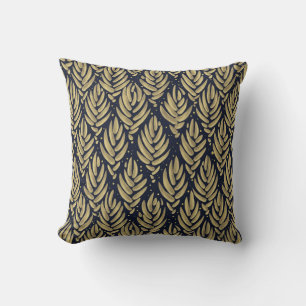 Elegant Golden Leaf Navy Pattern Throw Pillow