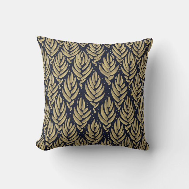 Elegant Golden Leaf Navy Pattern Throw Pillow (Front)