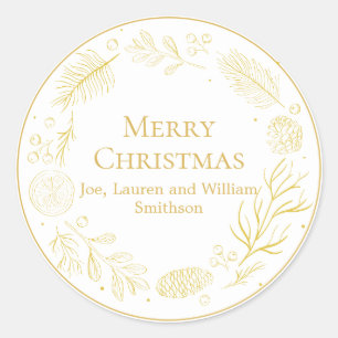 Elegant Golden Leaves & Berries Merry Christmas Classic Round Sticker