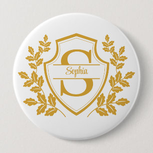 Elegant golden Leaves Crest Floral Monogram Script 10 Cm Round Badge
