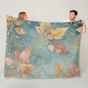 Elegant Golden Leaves Cyan Blush Floral Fleece Blanket