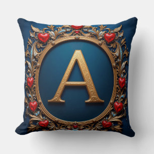 Elegant Golden Letter A Surrounded by Hearts Cushion