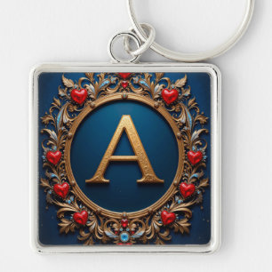 Elegant Golden Letter A Surrounded by Hearts Key Ring