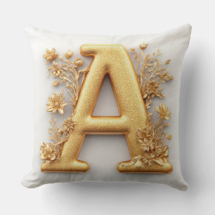 Elegant Golden Letter A with Delicate Flowers Cushion
