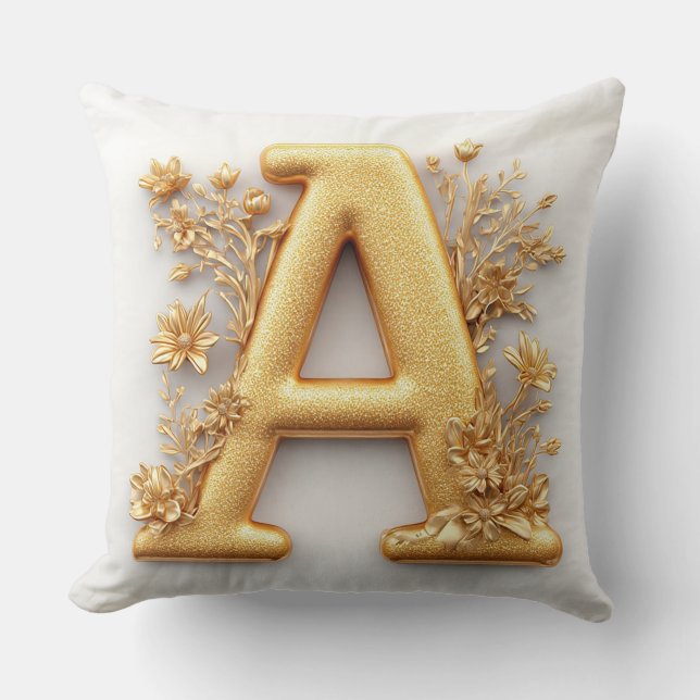 Elegant Golden Letter A with Delicate Flowers Cushion (Front)