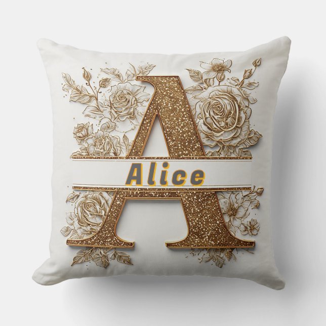Elegant Golden Letter A with Delicate Flowers Cushion (Front)
