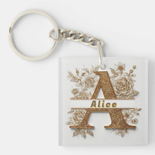 Elegant Golden Letter A with Delicate Flowers Key Ring