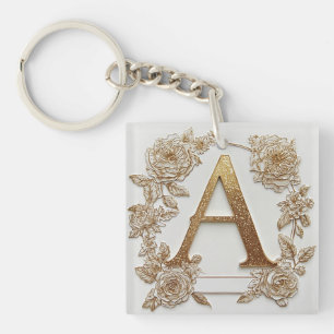 Elegant Golden Letter A with Delicate Flowers Key Ring